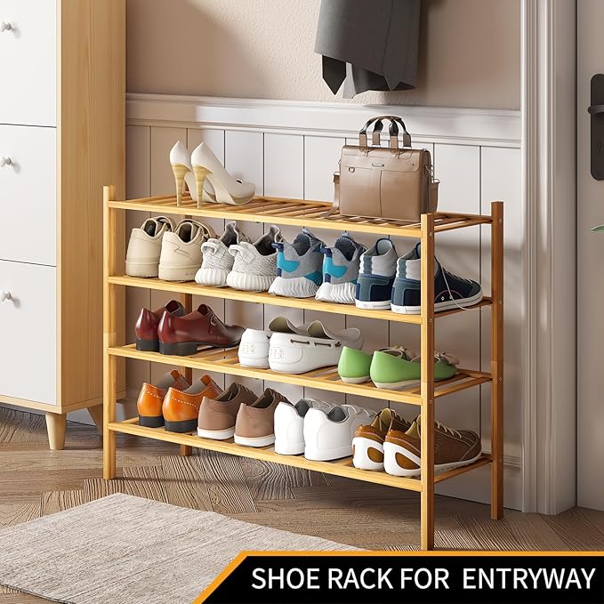 Long Shoe Rack, 4-Tier Bamboo Stackable Shoe Shelf Storage Organizer, Shoe Stand for Closet, Entryway and Hallway