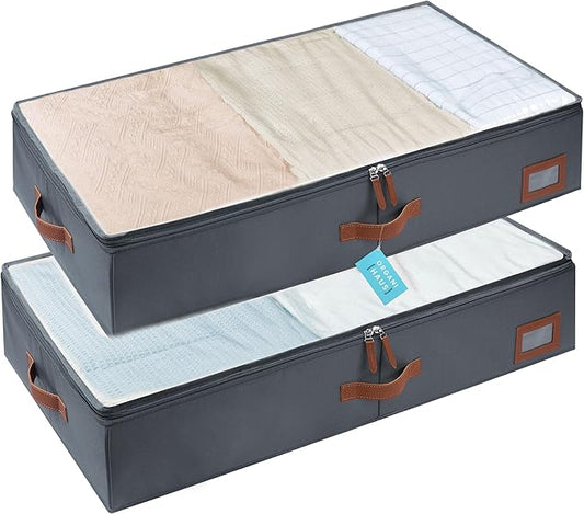 OrganiHaus Under Bed Storage Containers, Bedroom Storage and Organization Bins, Clothes Organizer for Closet with Clear Cover and Reinforced Handles - Set of 2 33x17x6 inches Gray