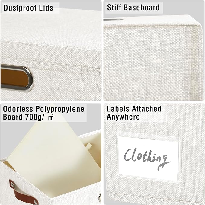 17" Large Collapsible Storage Bins with Lids, Stackable Closet Organizers with PU Handle and Labels, 3-Pack Decorative Fabric Storage Boxes for Home, Bedroom, Closet, Office, Nursery(White)