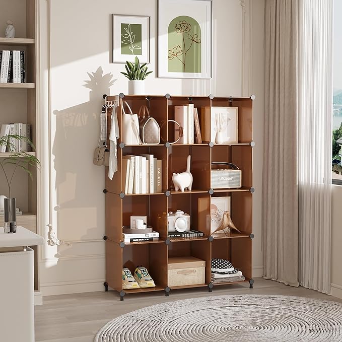AWTATOS Cube Storage Organizer, Storage Cubes Shelves Bookshelf, 12 Cube Closet Organizers and Storage, DIY Stackable Plastic Clothes Organizer Shelving for Bedroom, Home, Cocoa Brown