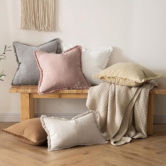 MIULEE Christmas Decorative Throw Pillow Covers Neutral Linen Fringe Throw Pillows Euro Shams Set of 2 White Boho Farmhouse Cushion Covers for Couch Sofa Bed Living Room Spring Home Decor 22x22 Inch