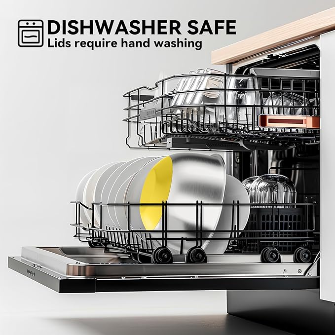 Stainless Steel Mixing Bowls with Lids – Set of 5 Large Nesting Metal Bowls for Kitchen, Baking, Cooking, Food Prep & Storage, Non-Slip Base, Dishwasher Safe,Yellow