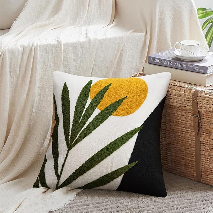 Merrycolor Boho Decorative Throw Pillow Covers Abstract Tufted Mid Century Modern Throw Pillows Leaf Sun Aesthetic Textured Pillow Cover Green Decorative Throw Pillows for Bed Couch Sofa,18x18