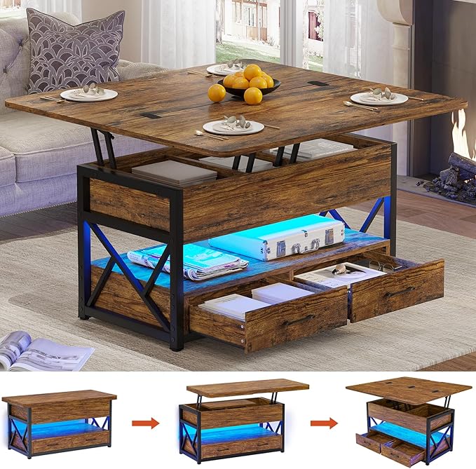 Itaar 40" Lift Top Coffee Table, 4 in 1 Coffee Tables with Storage for Living Room, Small Farmhouse Coffee Table with 2 Drawers & LED Light for Dining Reception Room, Rustic Brown