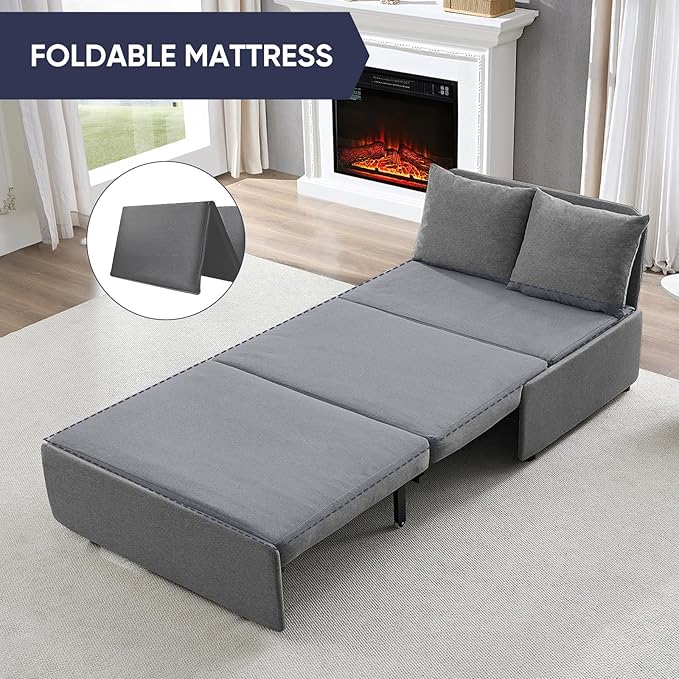 2 in 1 Pull Out Sofa Bed Full Size, Small Convertible Sleeper Sofa Couch, Linen Folding Guest Bed with Wheels and Cushions Pillow, Futon Sofas Couch Beds for Bedroom Office Lounge - Light Grey