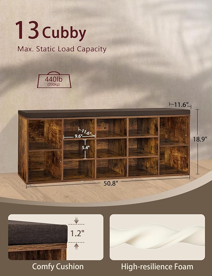 DINZI LVJ Shoe Storage Bench with Cushion, 13-Cubby Shoe Rack, Adjustable Shelves, Multifunctional Shoe Organizer Bench for Entryway, Mudroom, Hallway, Living Room, Bedroom and Garage, Rustic Brown