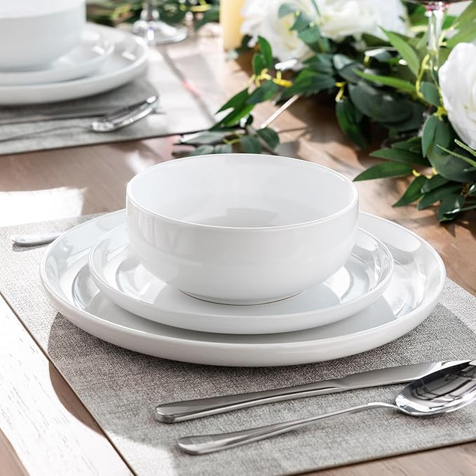 GBHOME Ceramic Dinnerware Sets, 12 Pieces Stoneware Dinnerware Set, Plates and Bowls Sets, Dishwasher & Microwave Safe Dishes | Service for 4 -White