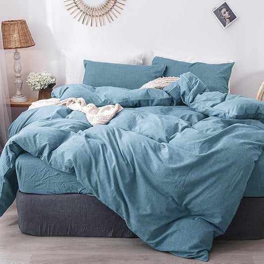 MooMee Bedding Duvet Cover Set 100% Washed Cotton Linen Like Textured Breathable Durable Soft Comfy (Heathered Peacock Blue, King 104"x90")