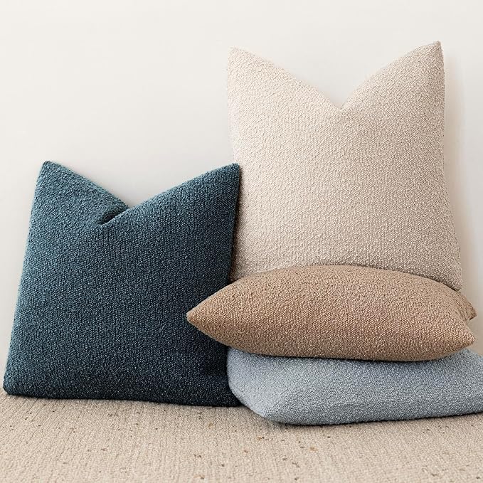 Foindtower Set of 2, Decorative Textured Boucle Throw Pillow Covers Accent Solid Pillow Cases Neutral Couch Cushion Case for Chair Sofa Bedroom Living Room Home Decor 26x26 Inch Dark Blue