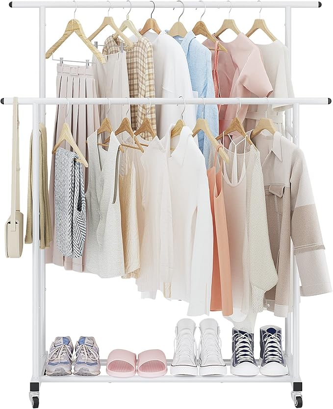 Calmootey Double Rod Clothing Garment Rack,Rolling Hanging Clothes Rack,Portable Clothes Organizer for Bedroom,Living Room,Clothing Store,White