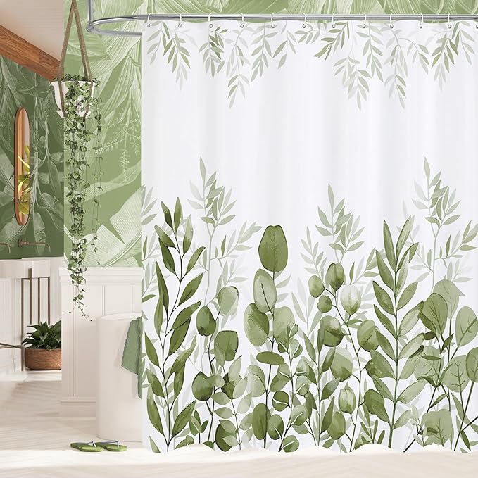 MitoVilla Sage Green Eucalyptus Shower Curtain, Plant Leaves Vintage Fabric Shower Curtains for Rustic Bathroom Decor, Chic Modern Botanical Shower Curtain, 72x72