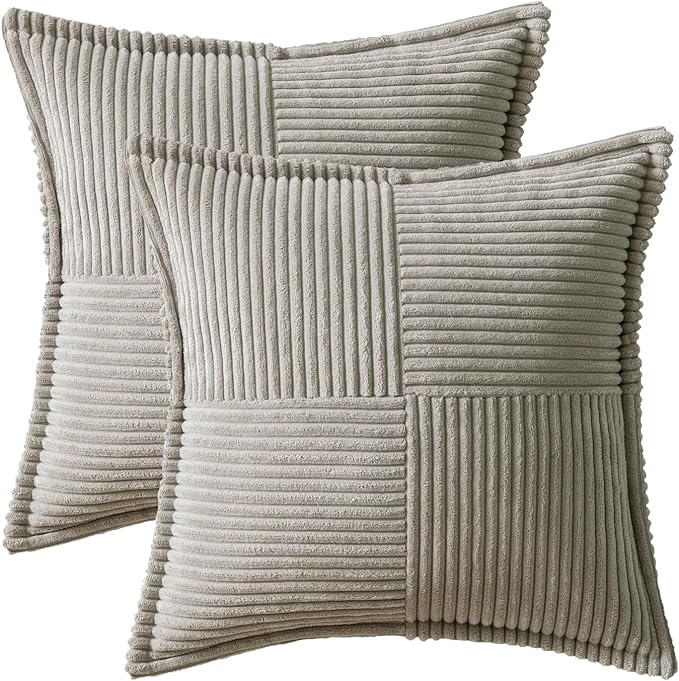 MIULEE Decorative Throw Pillow Covers for Couch Bed Livingroom 18x18 Inch Set of 2 Light Grey Boho Accent Throw Pllows Broadside Striped Patchwork Soft Corduroy Pillowcases