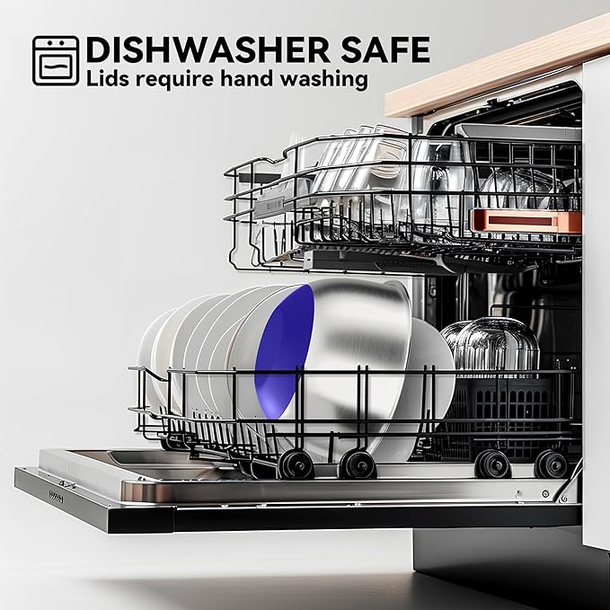 Stainless Steel Mixing Bowls with Lids – Set of 5 Large Nesting Metal Bowls for Kitchen, Baking, Cooking, Food Prep & Storage, Non-Slip Base, Dishwasher Safe,Blue