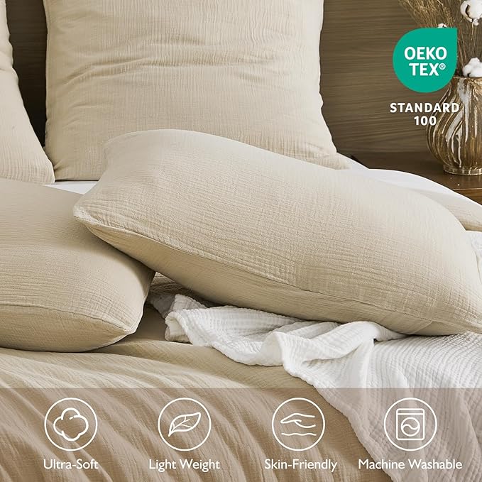 EMME Muslin Cotton Duvet Cover Set Twin Size Light Tan Linen Like Soft Breathable Lightweight Summer Comforter Cover Set with Zipper Closure (Light Tan, Twin, 68"x90")