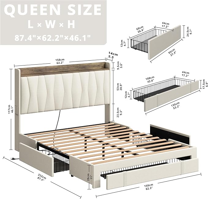 ANCTOR Queen Bed Frame with 3 Drawers, Upholstered Platform Bed with Storage Headboard and Charging Station, No Box Spring Needed, Easy Assembly, Beige