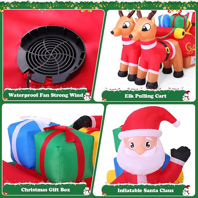 7.8Ft Christmas Inflatables Outdoor Decorations with Colorful LED Lights, Christmas Inflatables Santa Claus on Sleigh with 2 Reindeer Deer Gift Box, Blow Up Yard Decor for Indoor Xmas Party Patio Lawn
