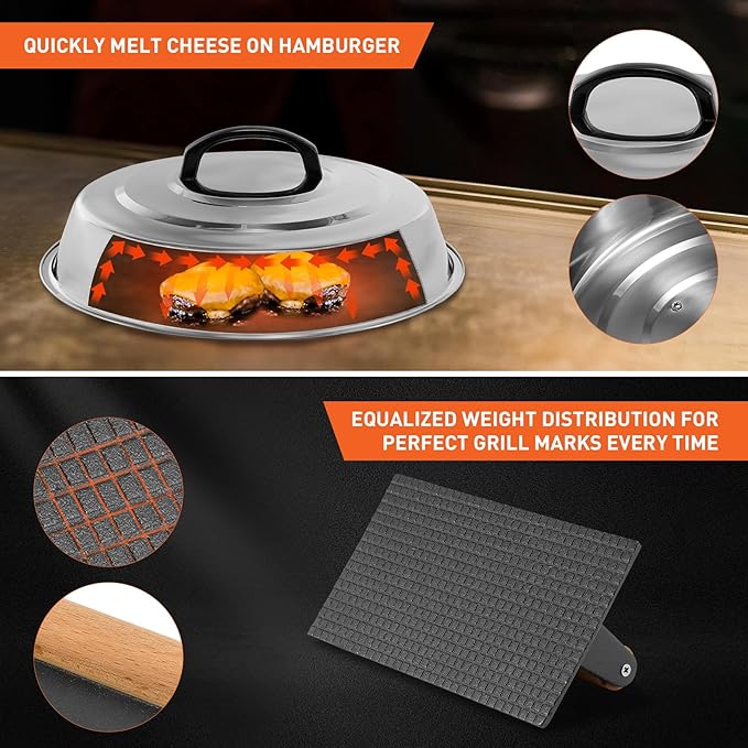 BBQ Accessories 12 Inch Round Stainless Steel Basting Cover - Cheese Melting Dome Rectangle Cast Iron Grill Press Kit for Hamburger Bacon Steak, Best for Blackstone Camp Chef Flat Top Griddle Grill