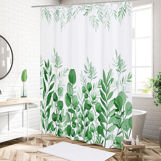 MitoVilla Emerald Green Shower Curtain, Plant Leaves Chic Fabric Shower Curtains for Rustic Vintage Bathroom Decor, Spring Modern Botanical Shower Curtain, 72x72
