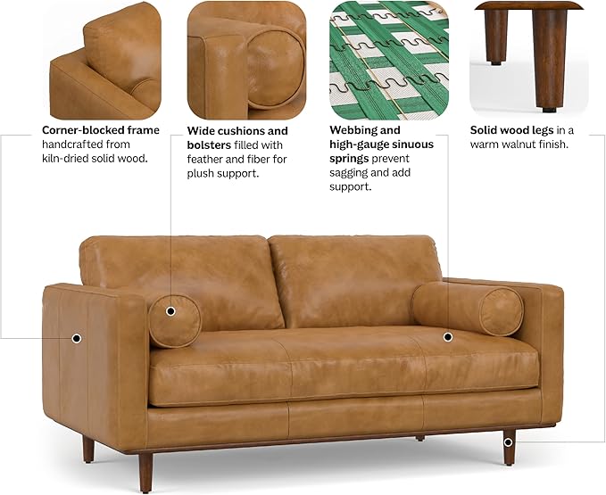 SIMPLIHOME Morrison 72-inch Wide Sofa in Sienna Top Grain Genuine Leather, Mid-Century Modern-Style Loveseat for Living Room, Single Bench Cushion, Removable Back Cushions, 2 Bolster Pillows