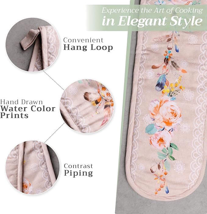 Maison d' Hermine Double Oven Mitts 100% Cotton 7"x35" Double Oven Mitt Heat Resistant BBQ Cooking Gloves with Loop, Baking, Grilling, Home, Kitchen, Handling Hot Pans Spring Summer (Ibiza - Beige)