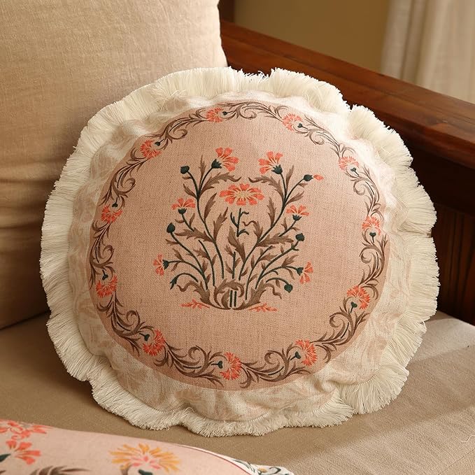 Design Linen Round Throw Pillow Covers Diameter 16", French Country Cushion Covers with Pink Heavy Lilies Floral Pattern Decor Pillowcases for Bed, Living Room, Outdoor, Car