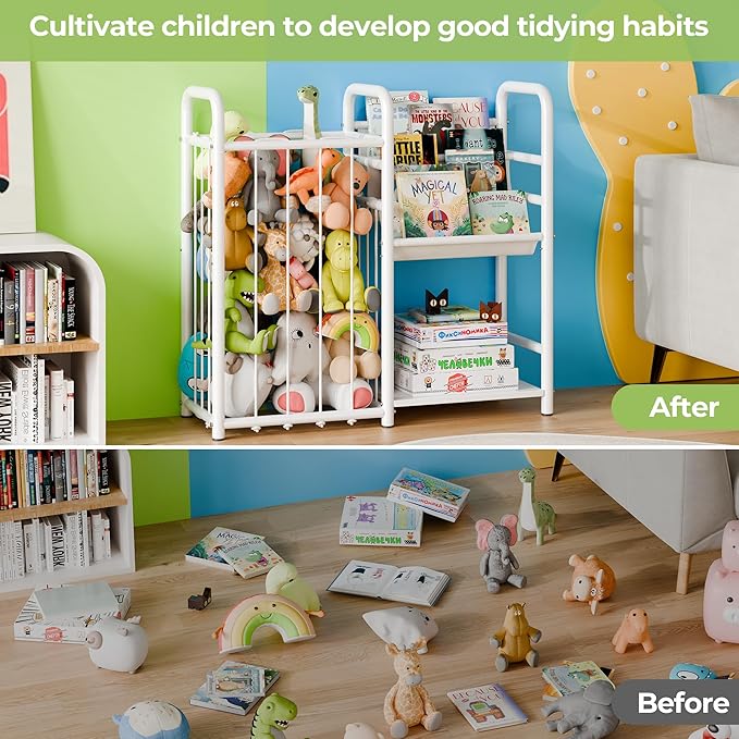 GRANNY SAYS 3 Tier Kids Bookshelf and Toy Storage, Stuffed Animal Storage with Kids Bookshelf, Kids Toy Storage Organizer with Elastic Cord, Book Shelf for Kids Rooms, Nursery, Playroom, Bedroom