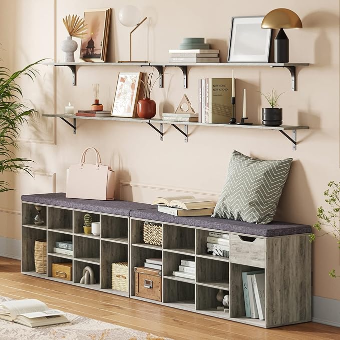 DINZI LVJ Shoe Bench, 12 Cubbies Shoe Organizer for Entryway, Storage Bench with Cushion, Cubby Shoe Rack with Adjustable Shelves for Living Room, Bedroom, Mudroom, Hallway, Gray Wash