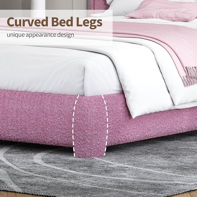 BarnFurin King Size Boucle Bed Frame and Headboard, Cloud Upholstered Platform Bed Frame, Soft Rounded Corners, Modern Style, No Box Spring Required, Easy Assembly, Rose Pink