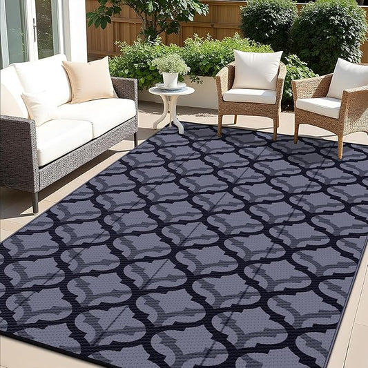 OLANLY Reversible Outdoor Rug 8x10 ft Clearance, Waterproof Outdoor Plastic Straw Rug with Interlacing Pattern, RV Mat for Patio, Camping, Balcony, Deck, Backyard, Black & Grey