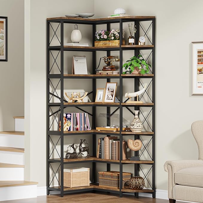7-Shelf Reversible Corner Bookshelf, Modern Industrial Tall Bookcase, 7-Tier Large L-Shaped Storage Shelf Display Rack with Metal Frame for Living Room, Home Office, Bedroom, Rustic Brown