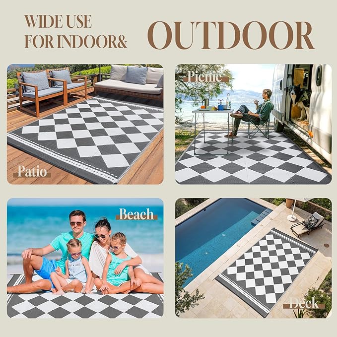 OMERAI Reversible Waterproof Outdoor Rug for Backyard,Plastic Textured Resistant Outdoors Rugs,Portable Washable Easy Cleaning Foldable Camping Beach Carpet for Patio Courtyard, 5'x8' Gray & White