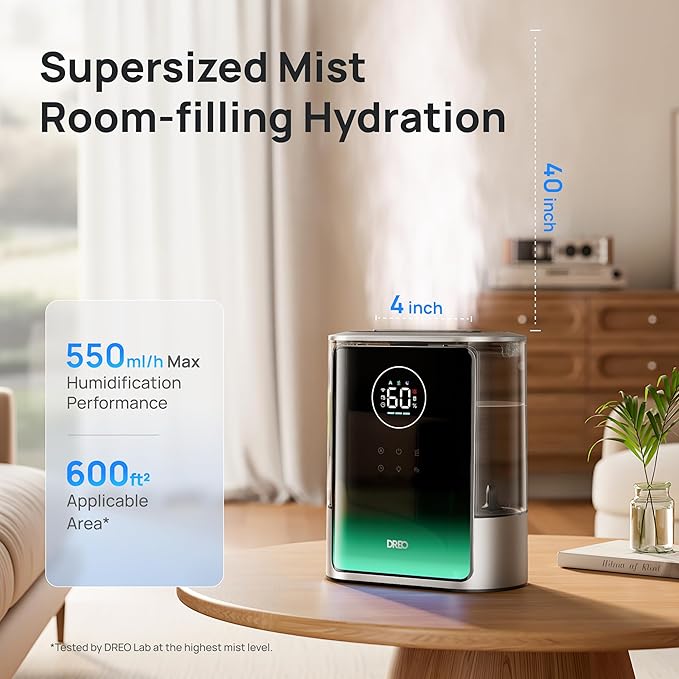 Dreo 8L Smart Humidifiers for Bedroom 600ft², 80H Runtime Warm&Cool Supersized Mist Humidifier for Large Room Indoor, Quiet Whole House humidifier for Baby, Plants, with Alexa/Google, Silver, HM717S