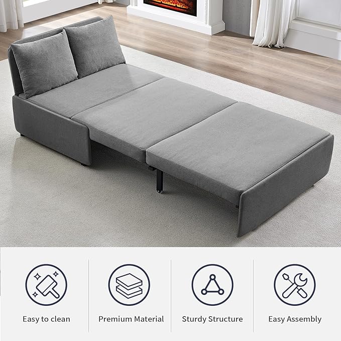 2 in 1 Pull Out Sofa Bed Full Size, Small Convertible Sleeper Sofa Couch, Linen Folding Guest Bed with Wheels and Cushions Pillow, Futon Sofas Couch Beds for Bedroom Office Lounge - Light Grey