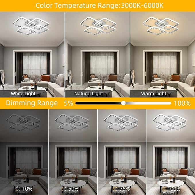 Dimmable Modern Led Ceiling Light, 4 Rings Square Ceiling Lamp with Remote Control, 48W Chrome Acrylic Ceiling Lighting Fixture for Living Room Dining Room Kitchen Office Lamps