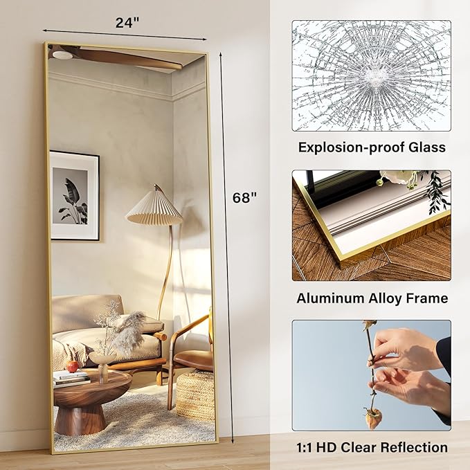HARRITPURE 68" x 24" Full Length Mirror - Rectangle Aluminun Alloy Frame Floor Mirrors for Entryway/Cloakroom/Bedroom Standing/Hanging,Gold