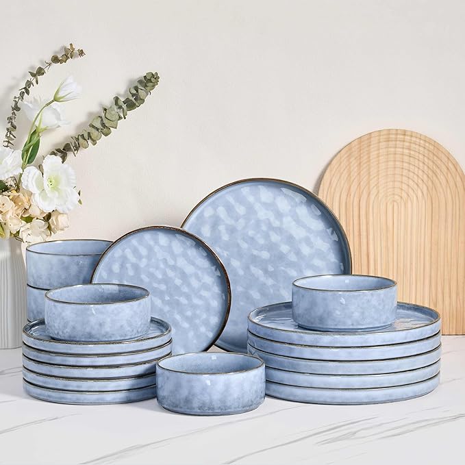 Herogo Dinnerware Sets for 6, 18 Pieces Ceramic Dishware for Kitchen Restaurant, Stoneware Plates and Bowls Sets, Dishwasher & Microwave Safe, Haze Blue
