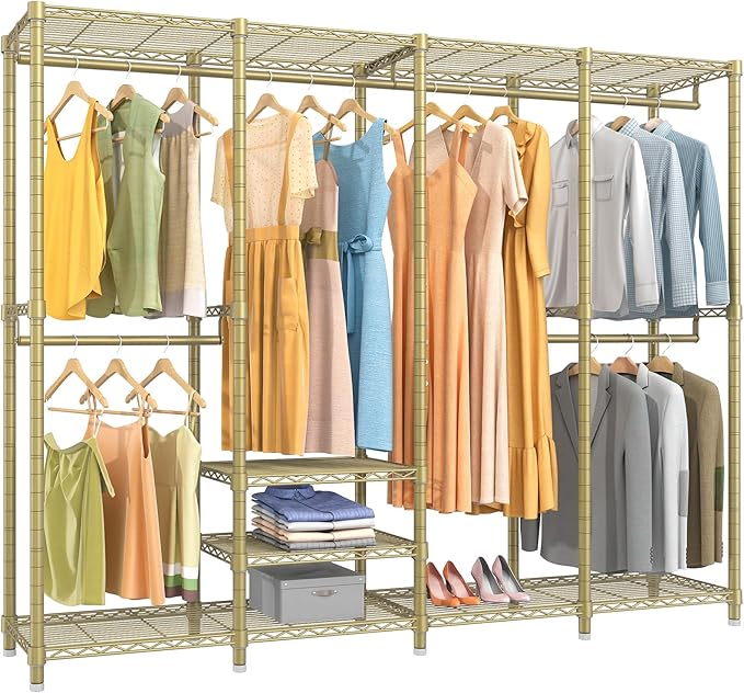 VIPEK V40 Wire Garment Rack Heavy Duty Clothes Racks for Hanging Clothes, Multi-Functional Metal Clothing Racks Bedroom Freestanding Wardrobe Closet Rack, 76" Lx15.7 Wx76.4 H, Max Load 1110lbs, Gold