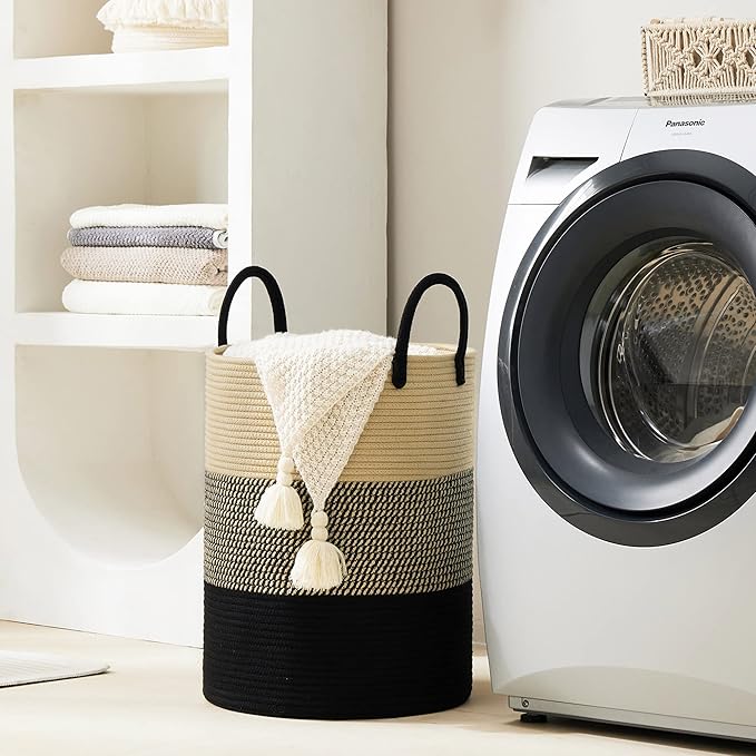 Woven Rope Laundry Hamper Basket, 72L Tall Luandry Basket, Baby Nursery Hamper for Blanket Storage, Clothes Hamper for Laundry in Bedroom-Large-Black & Brown
