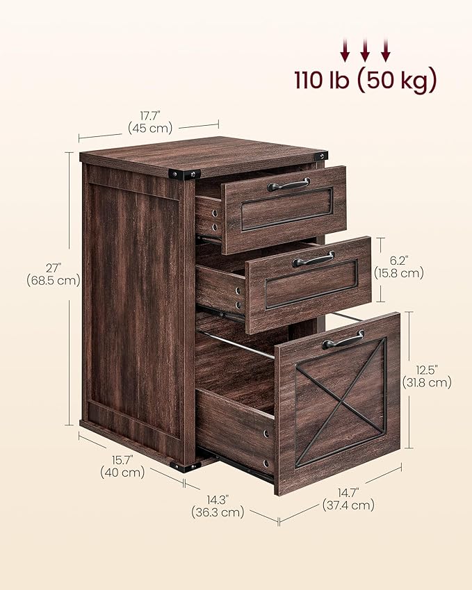 VASAGLE File Cabinet, Filing Cabinet with 3 Drawers, Printer Stand, Fit A4, Letter Size, Hanging File Folders, Modern Farmhouse Style, for Home Office, Maroon Brown UOFC054K02
