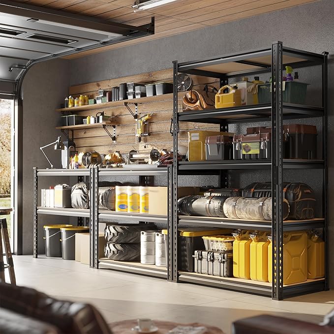 Set of 2 Storage Shelves, 27.7"W Metal Shelving 2010LBS Garage Shelving Heavy Duty Garage Shelves Adjustable Metal Shelf for Pantry Kitchen Closet Basement Warehouse 11.9"D × 27.7"W × 60"H