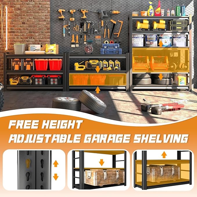5-Tier Heavy Duty Garage Shelving Unit – 3000 lbs Adjustable Metal Storage Rack, Tool-Free Assembly, Rustproof Steel Organizer for Basement, Pantry, Warehouse, 63" H x35.43 W x 15.8" D