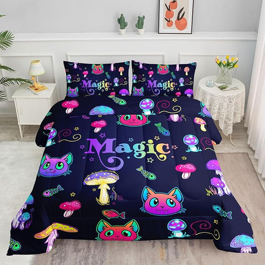 Mushroom Cat Kids Comforter Bedding Set for Boys Girls, Cartoon Mixed Color Mushroom and Cute Cat Fishbone Pattern Comforter with 2 Pillowcases(Mushroom Cat Full)