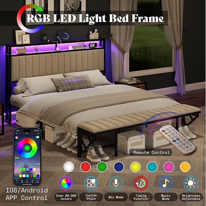 Full Bed Frame with Folding Bench and Charging Station, Velvet Upholstered Headboard with LED Light and Storage Shelf, Heavy Duty Metal Slats/No Box Spring Needed/Easy Assembly, Beige