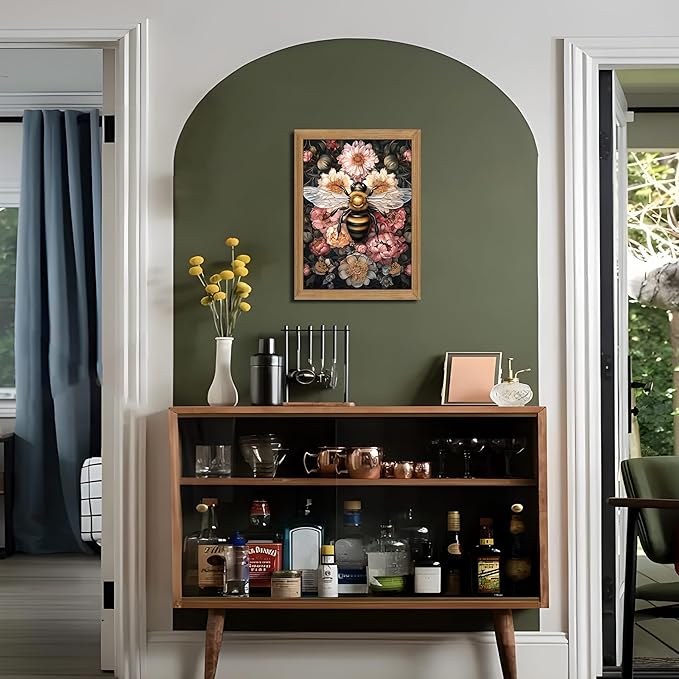 Framed Vintage 3D Textured Wall Art - Dark College Bee Flowers Wall Decor - Hand Drawn Sandstone Nature Botanical Pictures for Living Room Bedroom Home Decor 16x24 inches