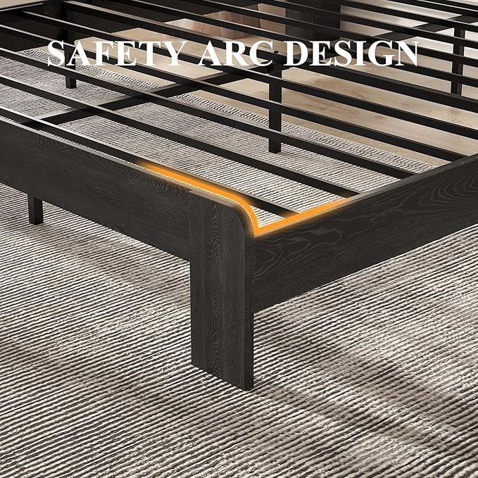 Wooden Bed Frame King Size with Storage Headboard - Farmhouse Platform Bed Frame with Bookcase Shelf & Led Lights, Sturdy Wood Slat Framework Bed Frame (Black LED)