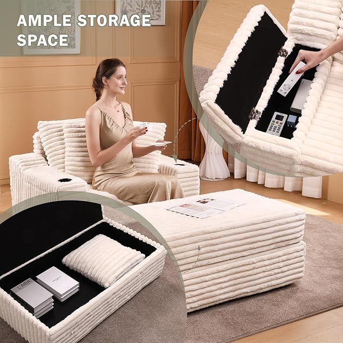 Garvee Oversized Chaise Lounge Chair Indoor with Storage Ottoman, Upholstered Corduroy Sofa Bed Cloud Couch with 3 Pillows, Single Sleeper Sofa Chair for Living Room, Bedroom