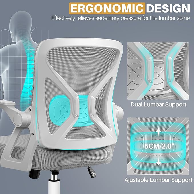 FelixKing Office Chair - Ergonomic Desk Chair Breathable Mesh Task Chair with Wheels and Lumbar Support Home Desk Office Chair with Flip up Armrest Rolling Swivel Computer Chair for Home Office Gray