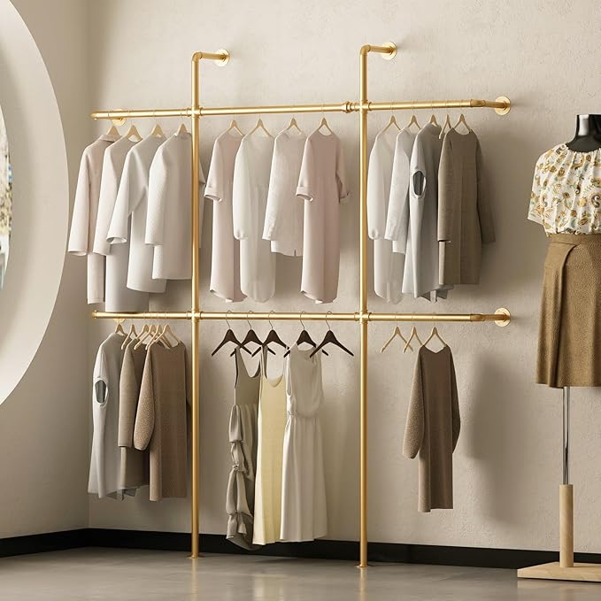 Gold Pipe Clothing Rack Wall Mounted, Industrial Pipe Clothes Racks with 6 Hanging Rods, Heavy Duty Clothing Racks for Laundry Room, Closet Systems for Walk in Closets