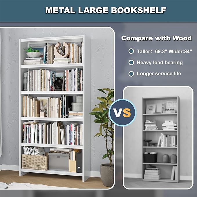Bookshelf,5 Tier Bookshelves,69" Tall Metal White Bookcase,Install Simple Bookshelves for Bedroom, Living Room,Home Office/Library(White)