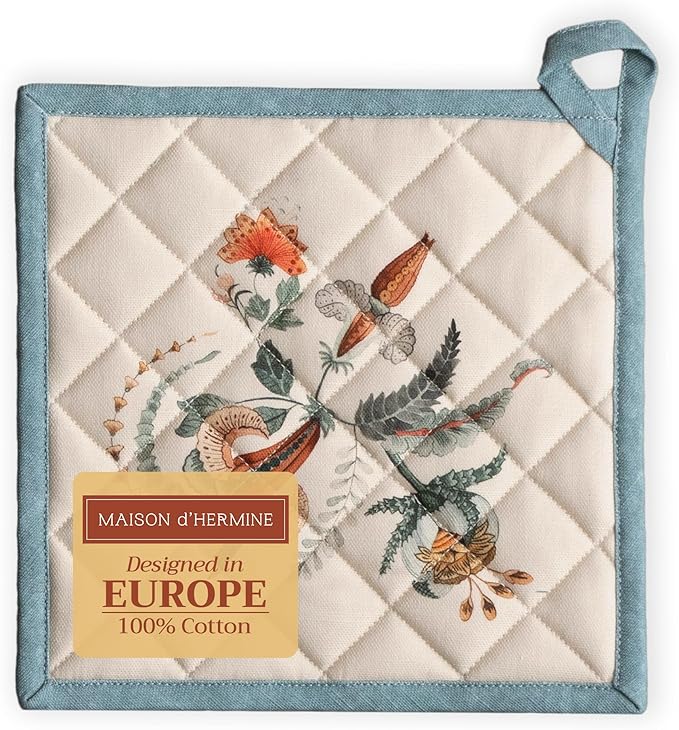 Maison d' Hermine Pot Holders 100% Cotton Heat Resistant Potholders 8" x 8" Hot Pads with Loop for Thanksgiving Christmas Decorations BBQ Cooking Baking Handling Hot Pans (Pack of 1, Dalida)